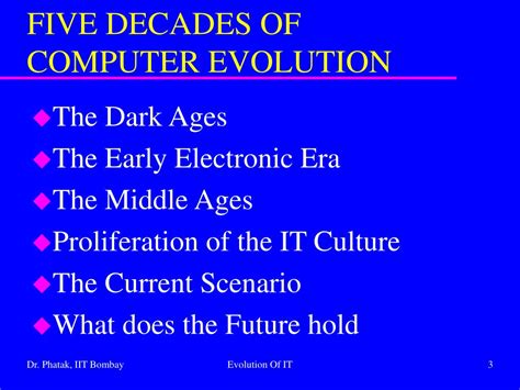 The word computer has changed meaning over decades, but the electronic computer that we think of in modern times developed throughout the second half of the history & evolution of computers. PPT - EVOLUTION OF INFORMATION TECHNOLOGY PowerPoint ...