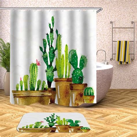 Tropical Green Plants Cactus Print Shower Curtain For Bathroom Waterproof Bathtub Curtains