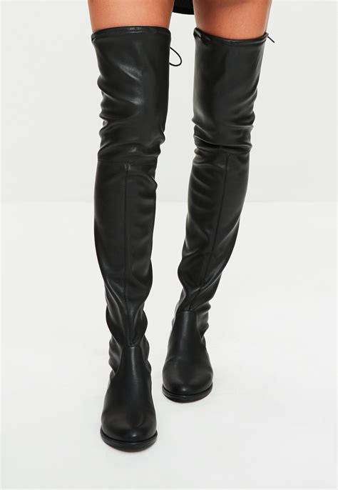 Missguided Black Faux Leather Flat Over The Knee Boots Lyst
