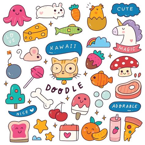 Set Of Kawaii Icon In Doodle Style Illustration Premium Vector