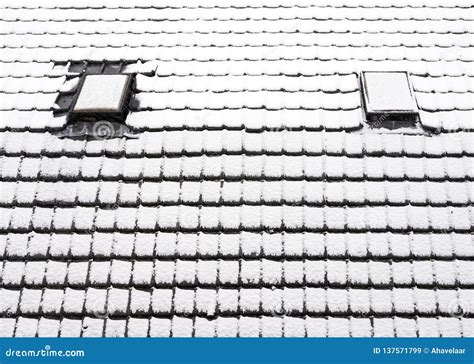 Snow Covered Roof Tiles Of House In Winter Stock Image Image Of