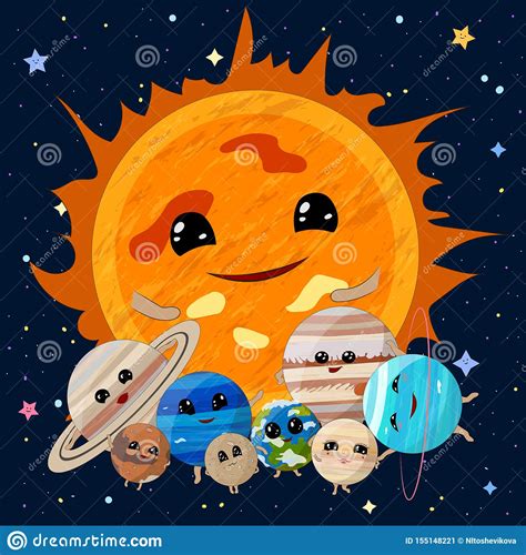 Cartoon Sun With Planets Of Solar System On Space Background Vector