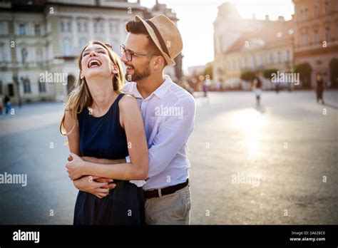 Happy Romantic Couple In Love Having Fun Outdoor In Summer Day Stock