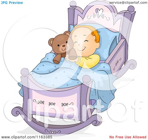 Cartoon Of A Baby Boy Sleeping In A Rocking Cradle With A Teddy Bear