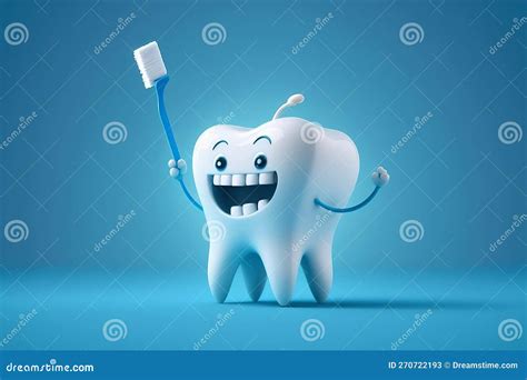 White Happy Tooth With A Toothbrush On Blue Background Cartoon