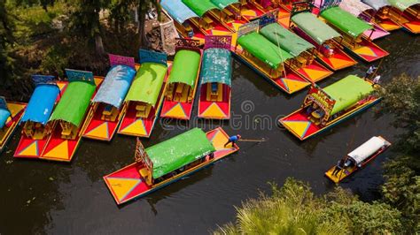 Aerial Shot Of Colorfully Painted Boats In Xochimilco Mexico City