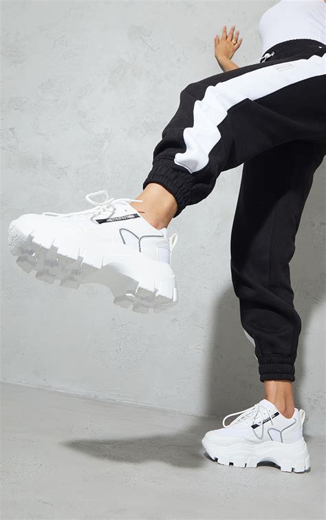 Prettylittlething White Pu Contrast Mesh Cleated Sole Trainers