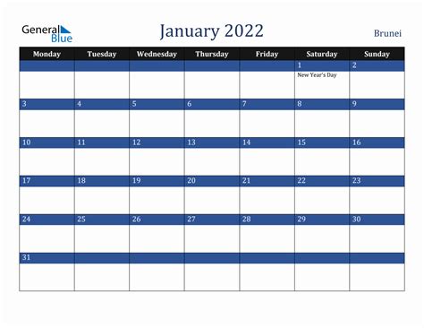January 2022 Brunei Holiday Calendar