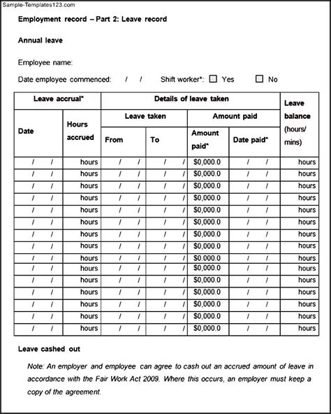 Yearly leave record sheet is permitted to the employee after he/she has served at least for a year in that organization. Sample Leave Record Template - Sample Templates - Sample Templates
