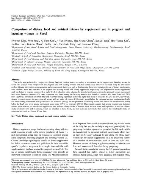 Pdf Comparison Of Dietary Food And Nutrient Intakes By Supplement Use In Pregnant And