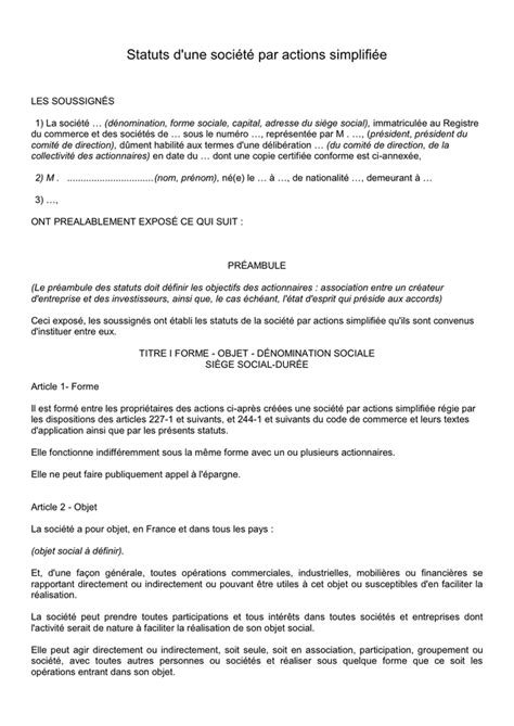 Model De Statuts D Une Soci T Par Actions Simplifi E Doc Pdf Hot Sex Picture