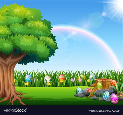 Happy Easter Nature Background With Rainbow Vector Image