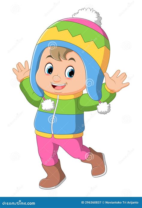 Cartoon Illustration Of A Girl In Winter Clothes Waving Stock