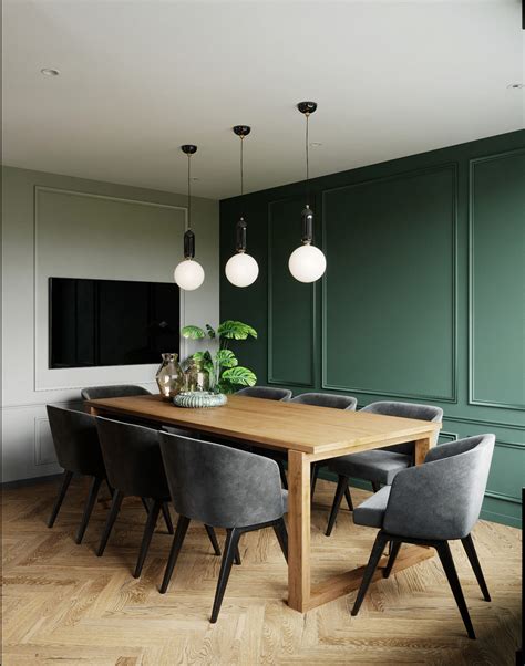 Emerald Green Dining Room Accent Wall With Classic Boiserie Interior