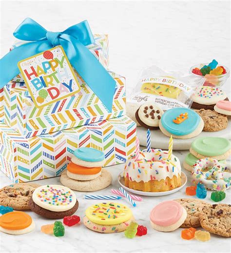 Happy Birthday Gift Tower By Cheryl S Cookies Delivered Cookie Gift Baskets Birthday Gifts
