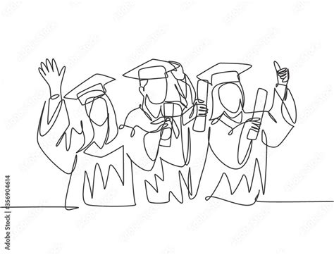 One Line Drawing Group Of Young Happy Graduate Male And Female College