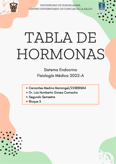 Tabla de Hormonas TABLA DE HORMONAS Sistema Endocrino Fisiología