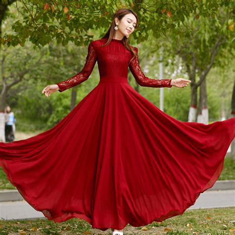 Charming Long Lace Sleeves Pleated Chiffon Long Red Maxi Dress Meet