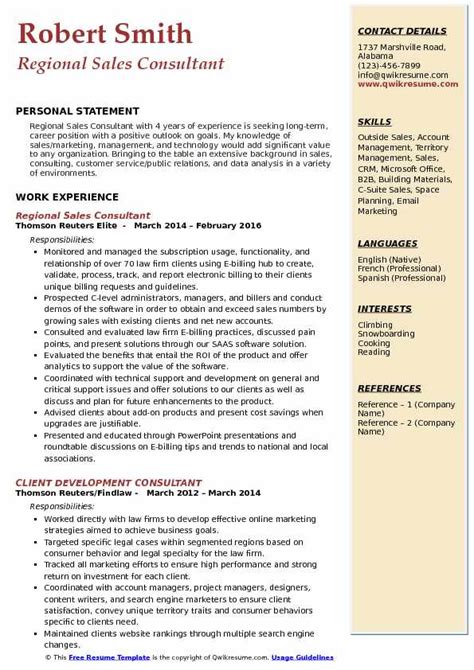 Tailoring your resume for each individual job description is an excellent strategy for ensuring that you're hitting all the right keywords (more on that here). Regional Sales Consultant Resume Samples | QwikResume