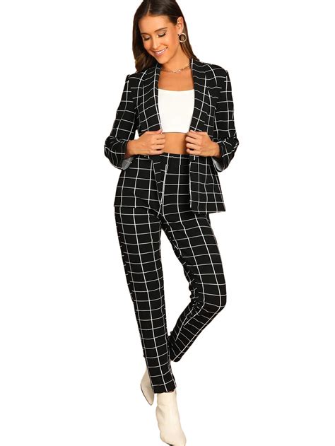 Shein Womens Two Piece Plaid Open Front Long Sleeve Blazer And Elastic Waist Pant Set Suit