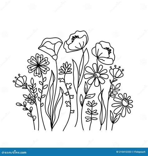 Hand Drawn Wildflowers Meadow Black And White Doodle Wild Flowers And