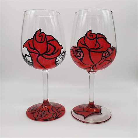 12 oz red rose wine glasses set of 2 handmade products