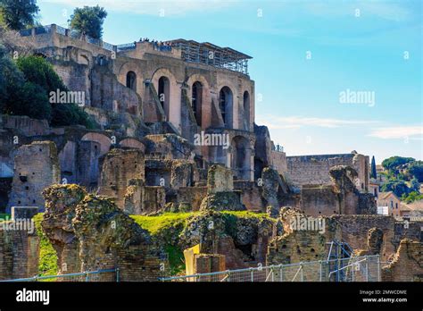 View Of Ruins Of Historical Houses In Ancient Rome Behind Ruins Of