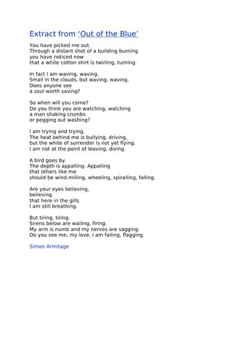 Out Of The Blue By Simon Armitage 911 Poem Teaching Resources