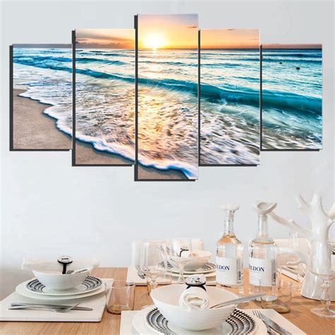 Buy 5 Panels Sunset Beach Wall Art Canvas Sea Wave Seascape Picture Prints