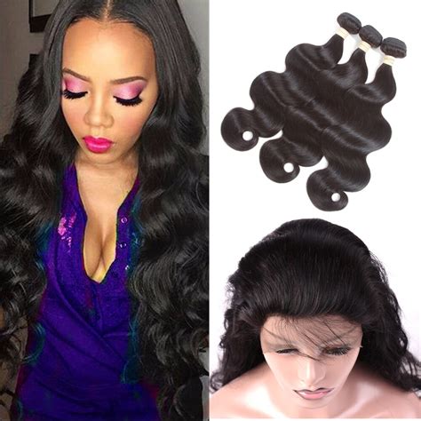 Buy Indian Body Wave Human Hair Weave 3 Bundles With Lace Frontal Closure 360