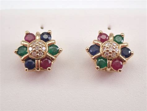 Sapphire Emerald Ruby And Diamond Stud Earrings Cluster Multi Color Studs
