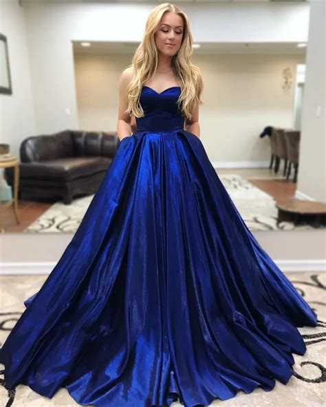 New Royal Blue A Line Long Prom Dresses Sweetheart Pockest Teens Simple Prom Party Dress