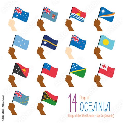 Set Of 14 Flags Of Oceania Hand Raising The National Flags Of 14