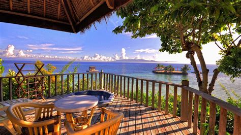 Ocean Beach Balcony View Wood Bench Horizon Background Hd Ocean