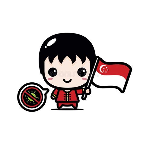 Cute Male Cartoon Character Holding Singapore Flag Against Virus Stock
