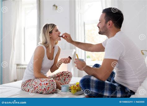 Romantic Happy Couple Having Breakfast In Bed Stock Image Image Of Pleasure Happiness 94883291