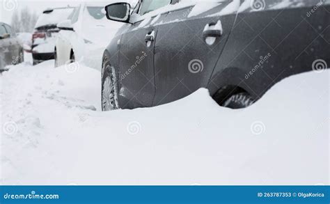 Black Passenger Car Covered With Snow Side View Heavy Snowfall Snowy