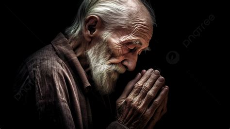 Old Man Praying In An Apartment On Black Background Old Man Praying