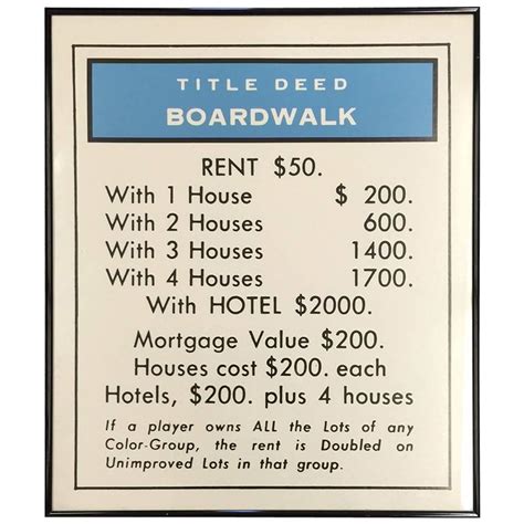 It sells houses and hotels to the players and loans money when required on mortgages. Vintage Monopoly Boardwalk Title Deed Lithograph For Sale at 1stdibs