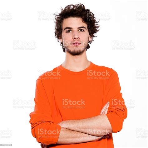 Young Cool Man Portrait Serious Stubble Arms Crossed Stock Photo