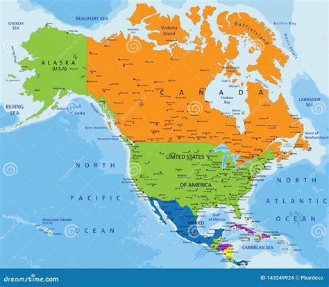 Colorful North America Political Map With Clearly Labeled Separated