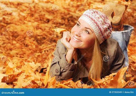 Cheerful Teen On Fall Foliage Stock Image Image Of Holding Lying 27353349