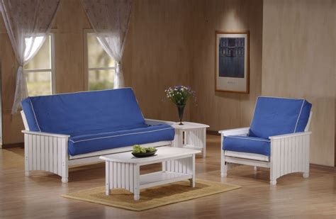 Futon sets includes frame (available in all sizes), basic futon mattress, and futon cover. Cottage Full Size White Futon Set by J&M Furniture