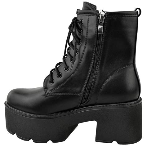 Womens Ladies Chunky Wedge Platform Black Faux Leather Ankle Boots Punk