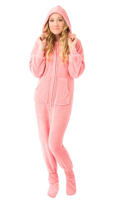 Big Feet Pjs Pink Hoodie Plush Womens Footed Pajamas Sleeper W Drop Seat Sleeper