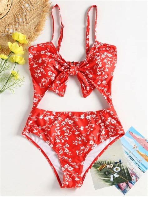 Shop For Floral Cut Out Knotted Swimsuit Red One Pieces S At Zaful