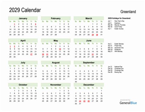 Holiday Calendar 2029 For Greenland Sunday Start