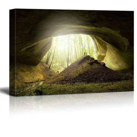 Canvas Prints Wall Art Big Cave With Explorer Standing At The