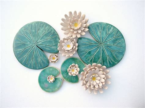 Lily Pad Coaster Handmade Ceramic Waterlily Green Leaves And White