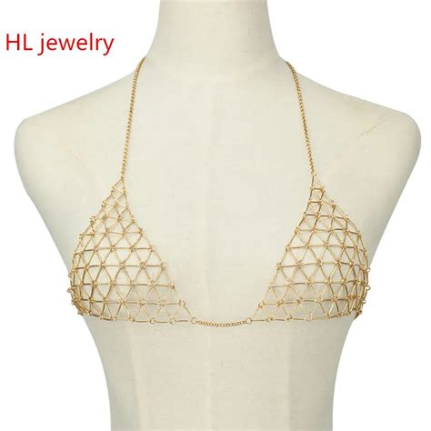 Personality Triangle Women Sexy Body Chain Bikini Bra Net Floral Slave Harness V Necklace Waist